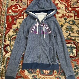 Y2K 2000s Aéropostale Heather Navy Zip-Up Hoodie with Pink Logo